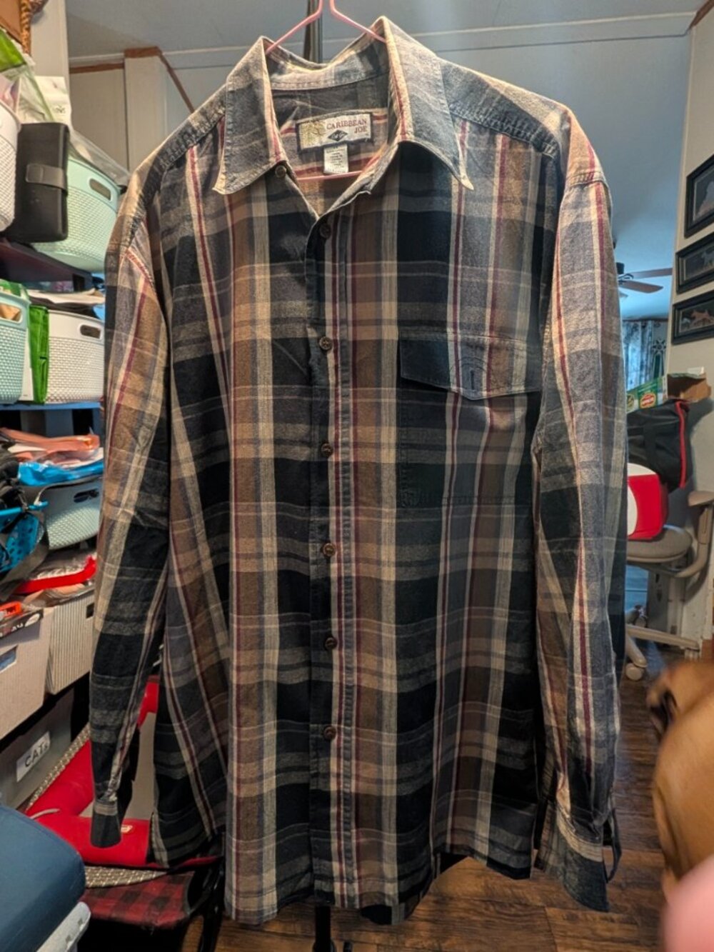 Caribbean Joe Mens Medium Brown Plaid Relaxed fit button front cotton Light